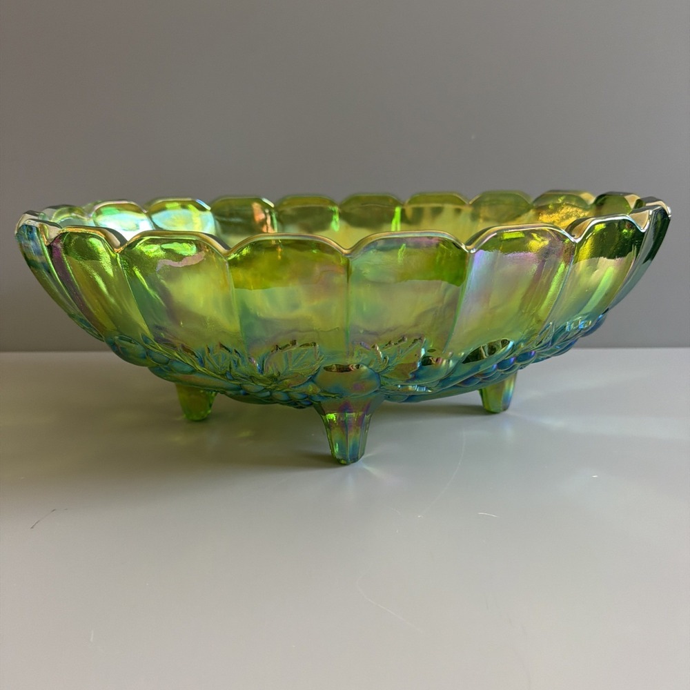 Vtg Indiana Revival Carnival Glass "Oval Center Bowl"-Iridescent Lime Green 7017